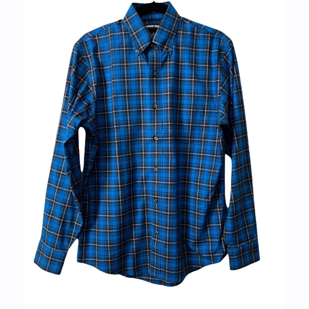 Lands’ End Blue & Black Multi Check Long Sleeves Button Up Shirt Men’s Small